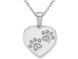 14K White Gold Heart Paw Print Charm Pendant Necklace with Accent Diamonds and Chain